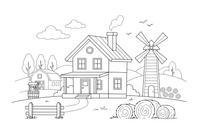A farmhouse with a windmill nearby – Farmhouse coloring page