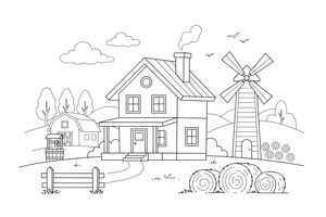 A farmhouse with a windmill nearby – Farmhouse coloring page