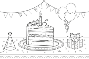 A slice of birthday cake on a plate – Birthday Cake Wishes coloring page