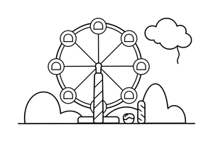 A big Ferris wheel with round cabins against the sky – Thrilling Amusement Park coloring page