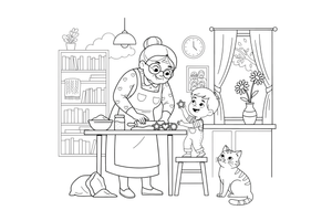 A kind grandma with glasses and a bun – Cherished Grandparent Family coloring page