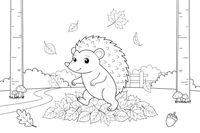 A hedgehog walking through a pile of fallen autumn leaves – Hedgehog coloring page