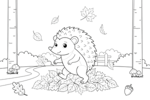 A hedgehog walking through a pile of fallen autumn leaves – Hedgehog coloring page