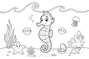A happy baby seahorse floating upright among the waves – Playful Seahorse coloring page