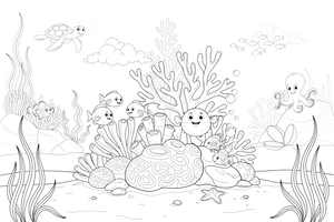 A colorful coral reef full of little fish swimming around tall corals – Magical Underwater World coloring page