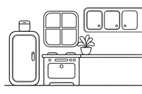 A kitchen with a fridge, a stove and cupboards – Around the House Object coloring page
