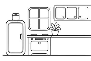 A kitchen with a fridge, a stove and cupboards – Around the House Object coloring page