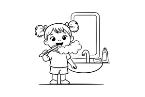 A girl brushing their teeth with a toothbrush, foam and a big smile – Healthy Habits coloring page