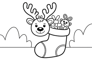 Baby reindeer a stocking full of toys – Christmas Winter Reindeer coloring page
