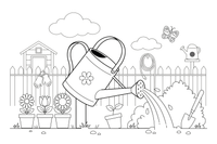 A watering can with water pouring out – Classic Garden Tools coloring page