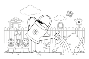 A watering can with water pouring out – Classic Garden Tools coloring page