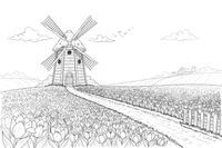 A windmill next to a field of tulips – Windmill coloring page