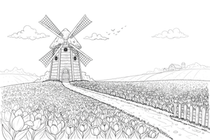 A windmill next to a field of tulips – Windmill coloring page