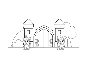 A castle gate with two guards – Castle coloring page