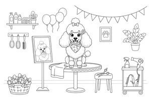 Poodle sitting in a fancy grooming salon – Poodle Dog Outdoor Fun coloring page