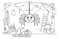 A big dusty cobweb stretched across a corner with a spider – Spooky Halloween coloring page