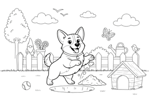 Corgi digging a hole – Corgi Dog Playtime coloring page