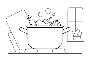 A pot with vegetables bubbling inside – Cozy Kitchen Cooking coloring page