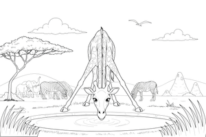 A giraffe bending down to drink water – Giraffe Wild Wonders coloring page