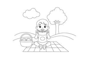 A child eating a hot dog at a picnic – Yummy Meals coloring page