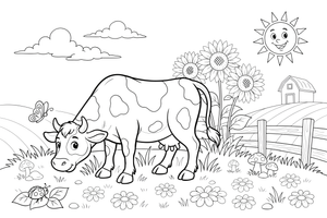 A cow grazing in a green meadow – Cow coloring page