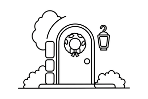 A close-up of a stone cottage door with a wreath and a lantern – Cottages coloring page