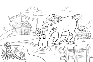 Horse drinking from a river – Galloping Horse Farm coloring page
