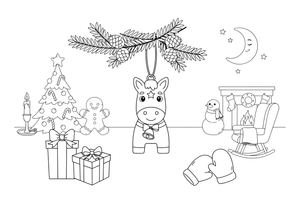 A close-up of a little wooden horse ornament hanging on a spruce branch – Christmas Eve coloring page
