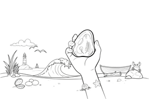 A close-up of a child's hand holding a big piece of amber, with a sea wave behind – Nature treasures coloring page