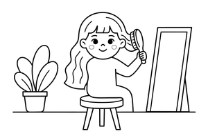 A child brushing their long wavy hair – Body Parts Exploration coloring page