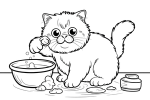 Persian Cat scrubbing its face with a paw – Persian Cat Mischievous Antics coloring page