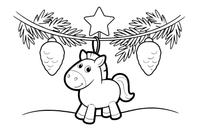 A close-up of a little wooden horse ornament hanging on a spruce branch – Christmas Eve coloring page
