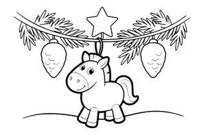 A close-up of a little wooden horse ornament hanging on a spruce branch – Christmas Eve coloring page