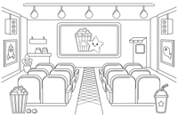 A cinema screen with rows of seats in front – Fun & Leisure Place coloring page