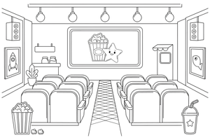 A cinema screen with rows of seats in front – Fun & Leisure Place coloring page