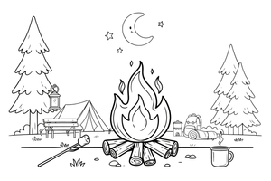 A campfire with a few big flames – Essential Camping Gear coloring page