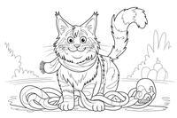 Maine Coon with a tangled scarf – Maine Coon Cat Mischief coloring page