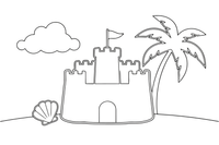 A big sandcastle with towers and a little flag on the sunny beach – Sunny Beach & Seaside coloring page