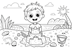 A happy child building a sandcastle at the sunny beach – Four Seasons coloring page