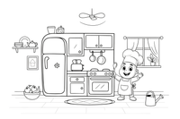 A kitchen with a fridge, a stove and cupboards – Around the House Object coloring page