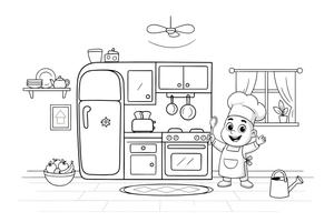 A kitchen with a fridge, a stove and cupboards – Around the House Object coloring page