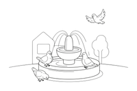 A big fountain in the town square with pigeons around it – Vibrant City Places coloring page