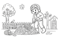 A child raking a big pile of autumn leaves in the garden – Autumn Time Autumn Leaves coloring page