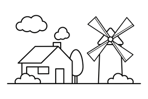 A farmhouse with a windmill nearby – Farmhouse coloring page