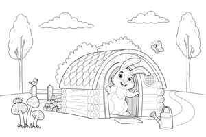 A rabbit peeking out of its little house – Rabbit coloring page