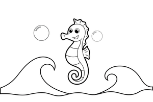 A happy baby seahorse floating upright among the waves – Playful Seahorse coloring page