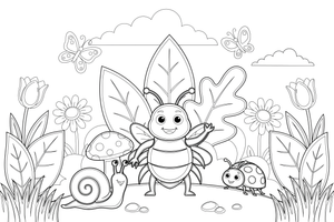A garden scene with a bug, a snail and a ladybug among big leaves – Insects & Bugs Insect coloring page