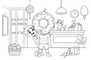 A child holding a big donut with both hands – Delightful Sweets coloring page