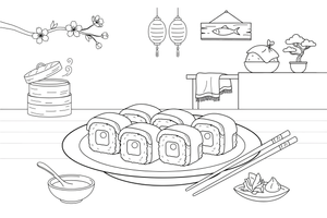 A plate of sushi rolls with chopsticks beside it – World Food Delights coloring page