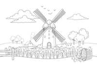 A windmill next to a field of tulips – Windmill coloring page